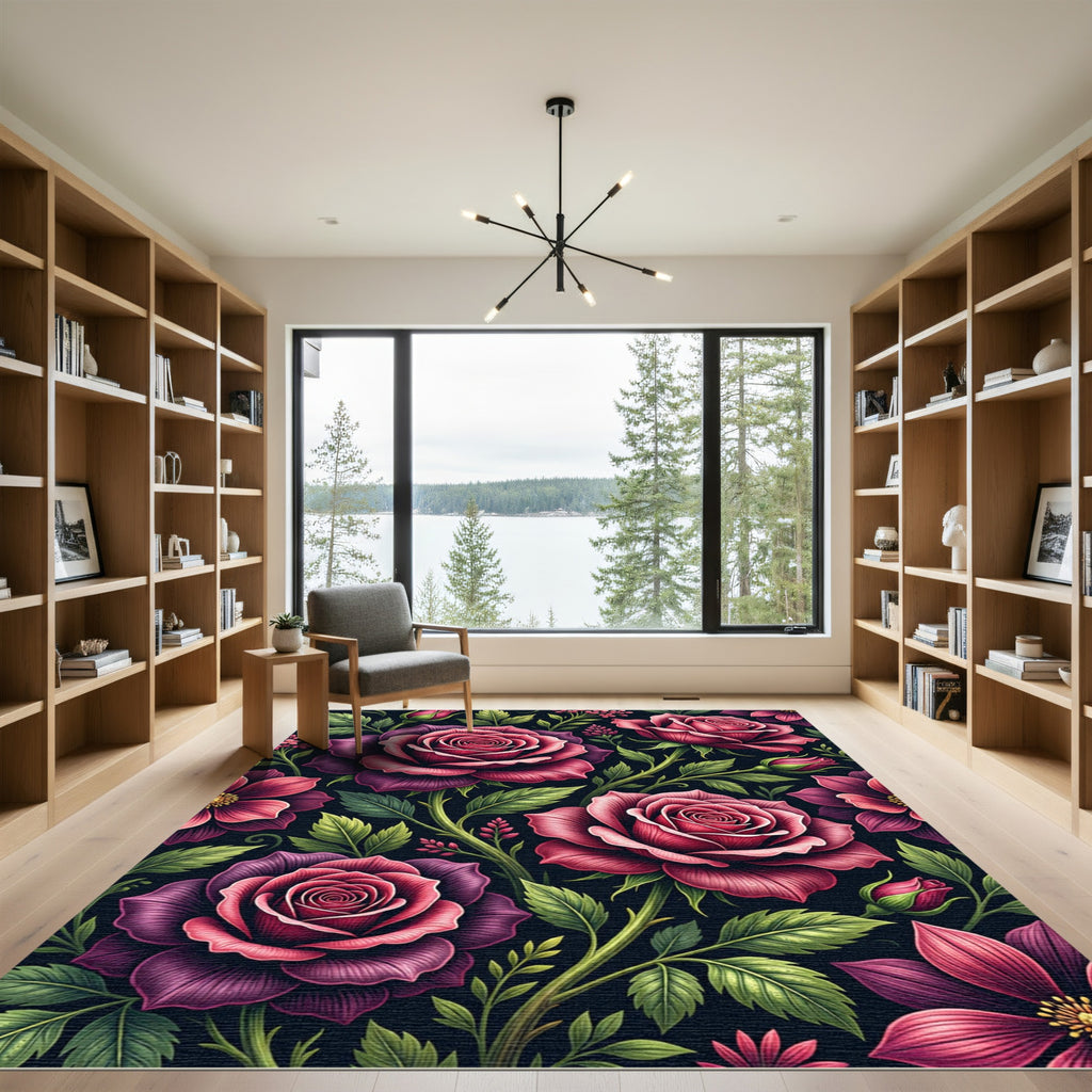 Dark Romantic Rose Floral Botanical Rug