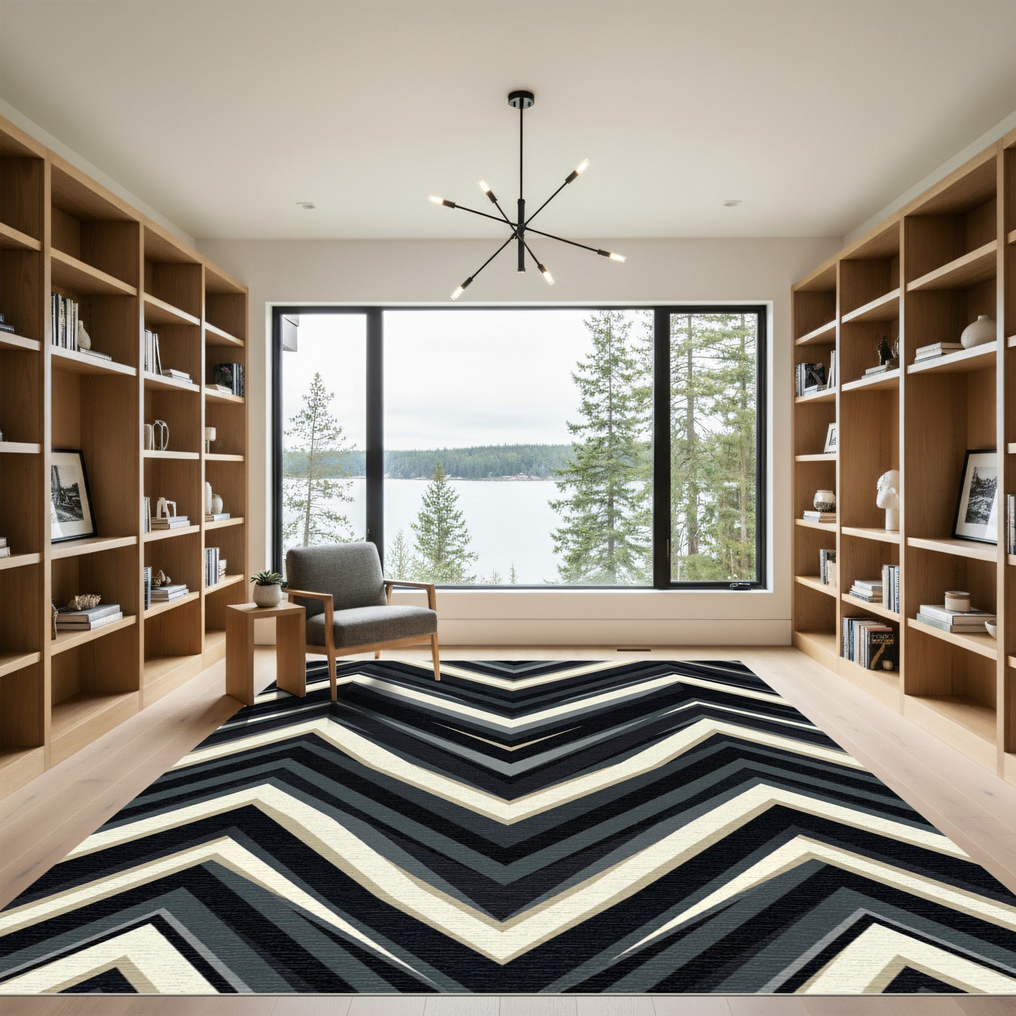 Dark Gray Cream Chevron Zigzag Art Rug