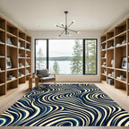 Navy and Cream Abstract Swirling Waves Rug