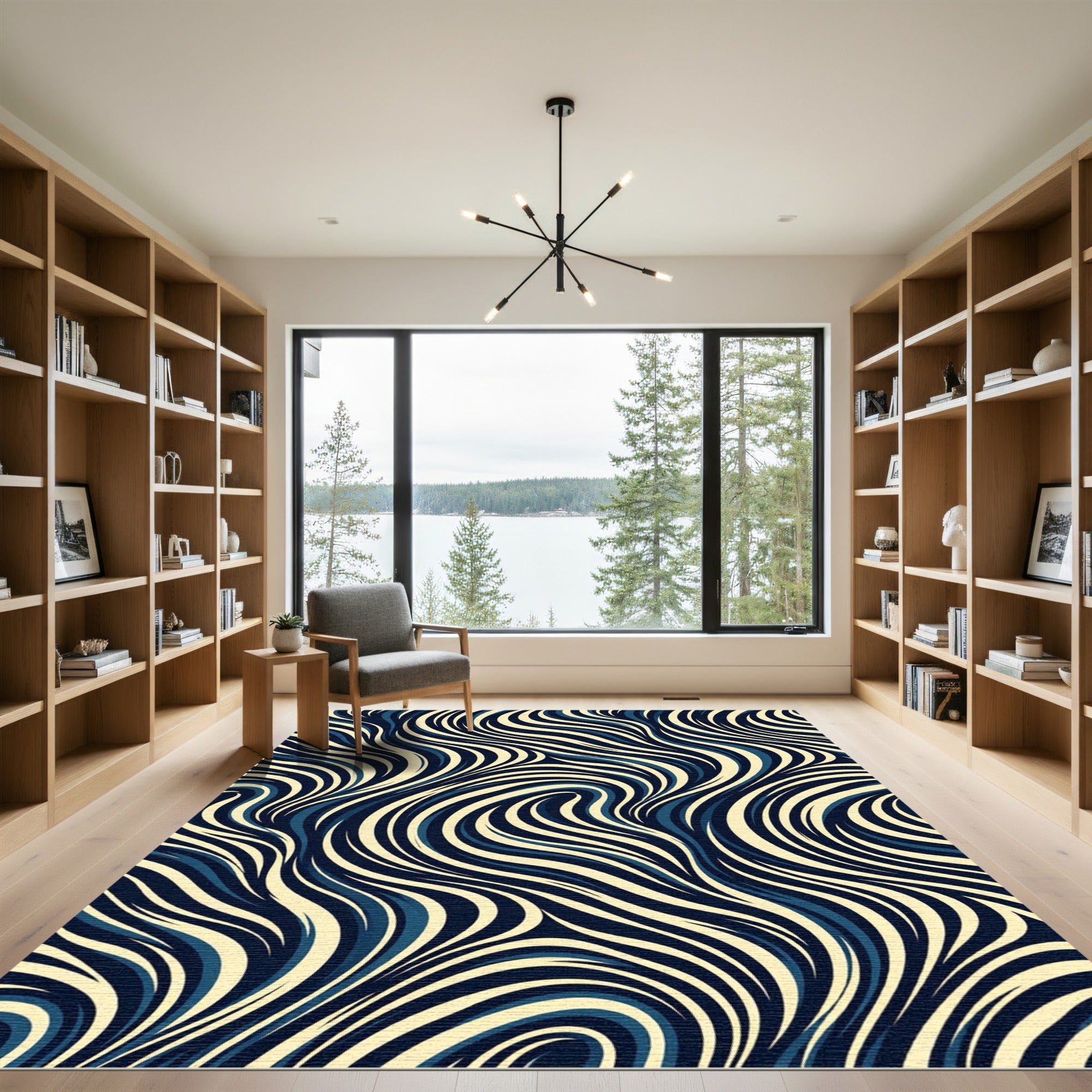 Navy and Cream Abstract Swirling Waves Rug