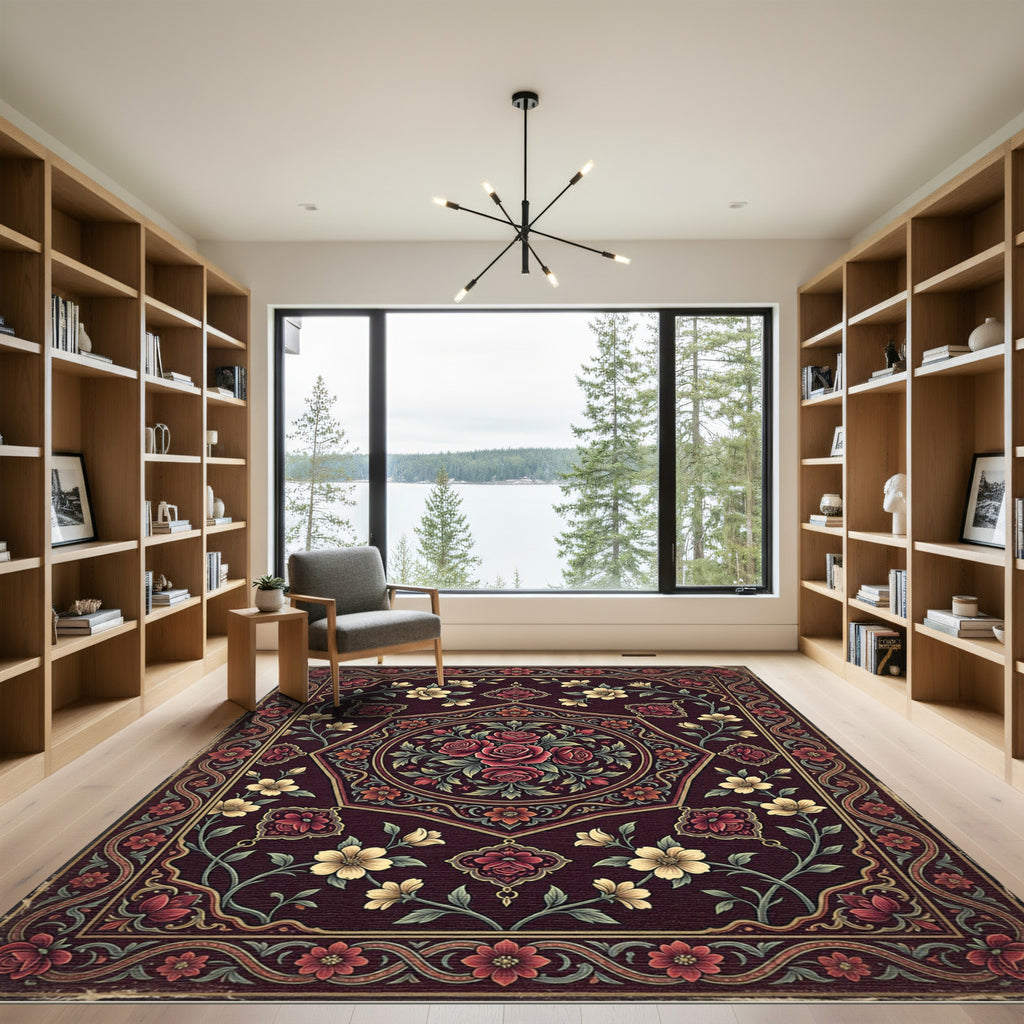 Earthy Burgundy Floral Hexagon Medallion Rug