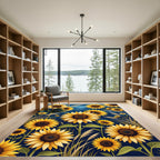 Golden Sunflower Field on Deep Blue Rug