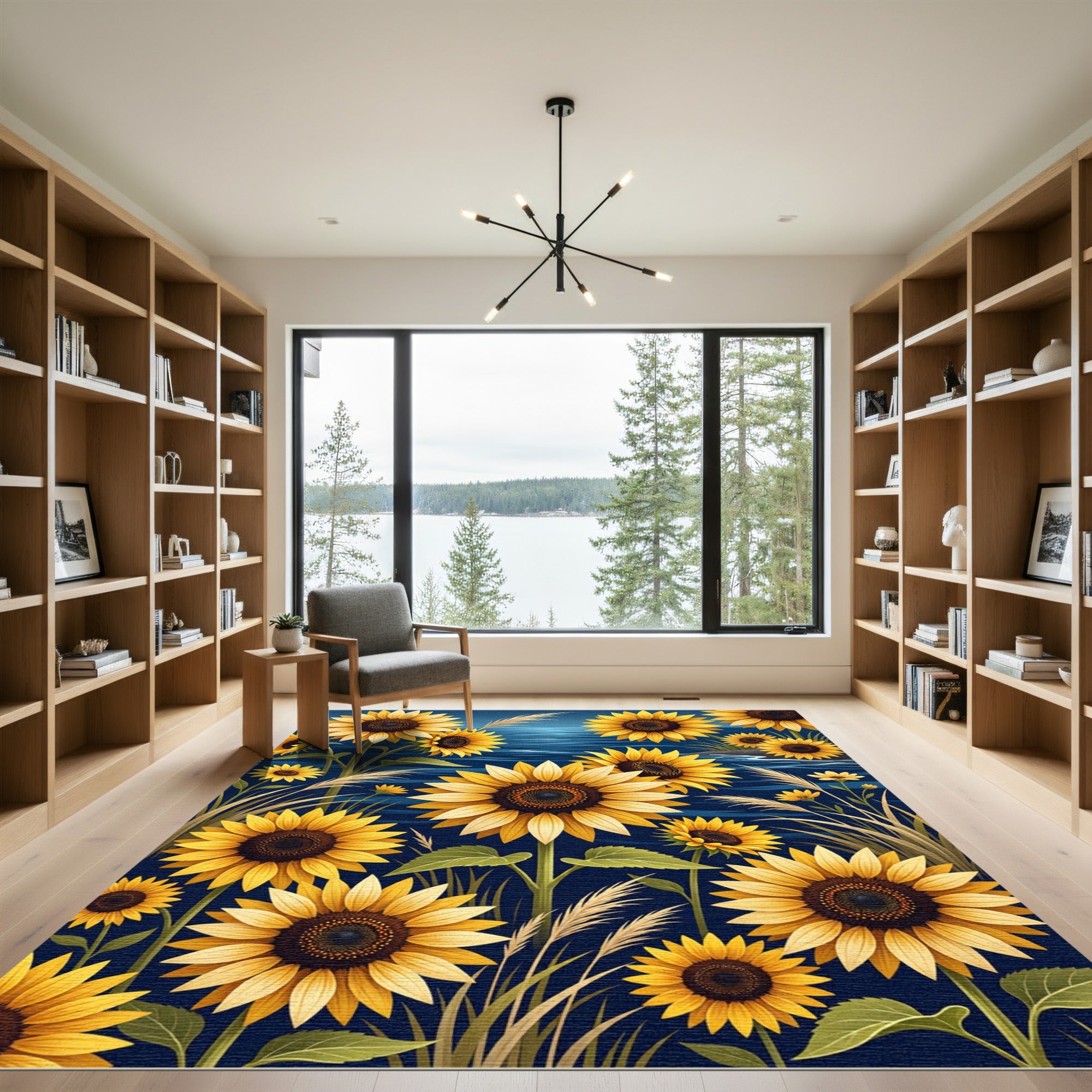 Golden Sunflower Field on Deep Blue Rug