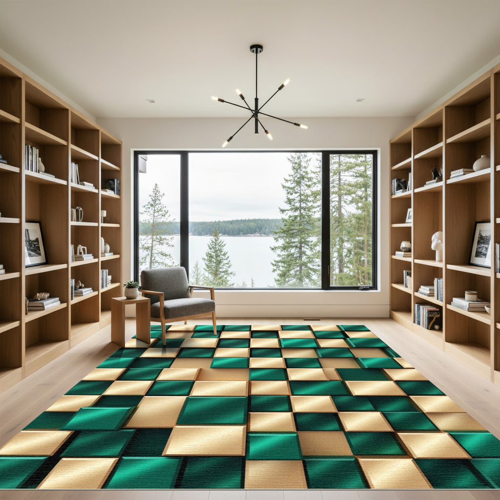 Gold Emerald Chessboard Cubes Rug