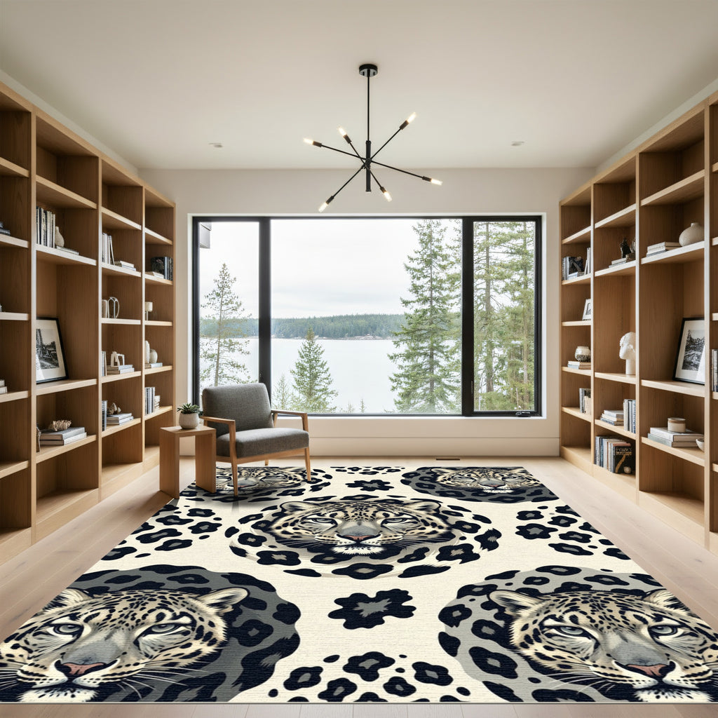 Monochromatic Snow Leopard Heads Animal Art Rug