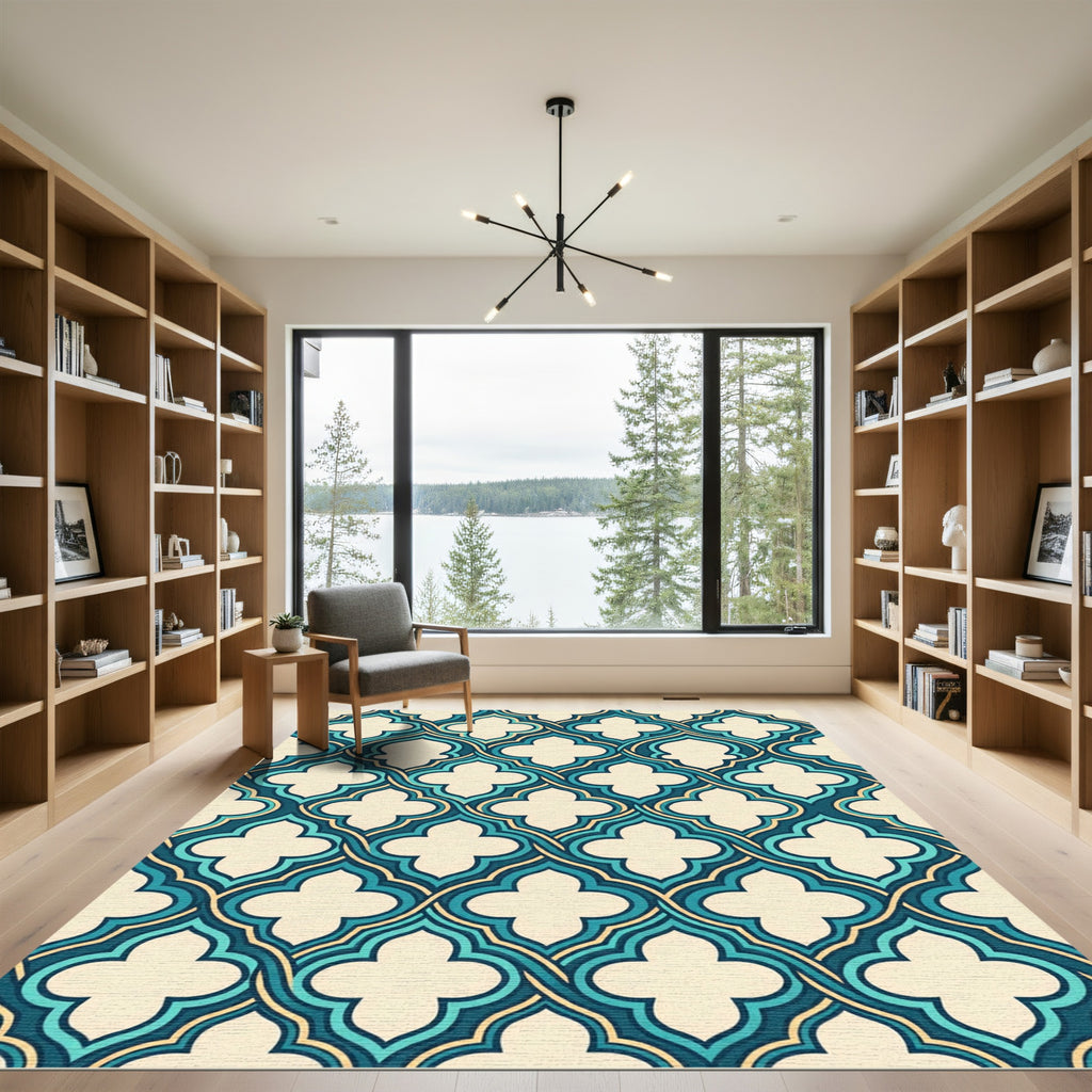 Teal Cream Quatrefoil Trellis Pattern Rug