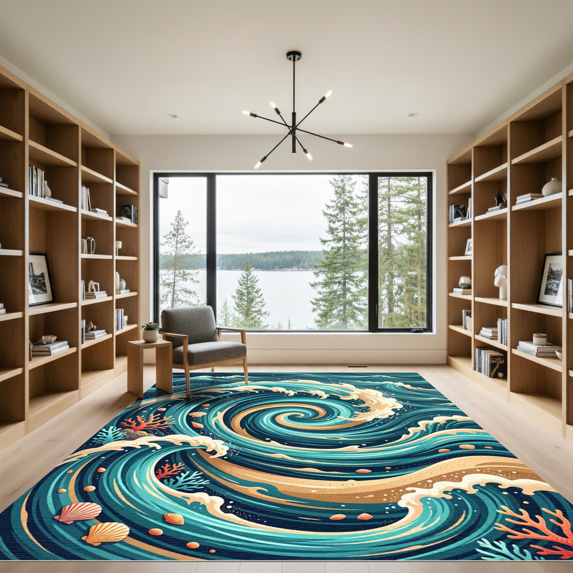 Coastal Teal Swirl Wave Ocean Rug