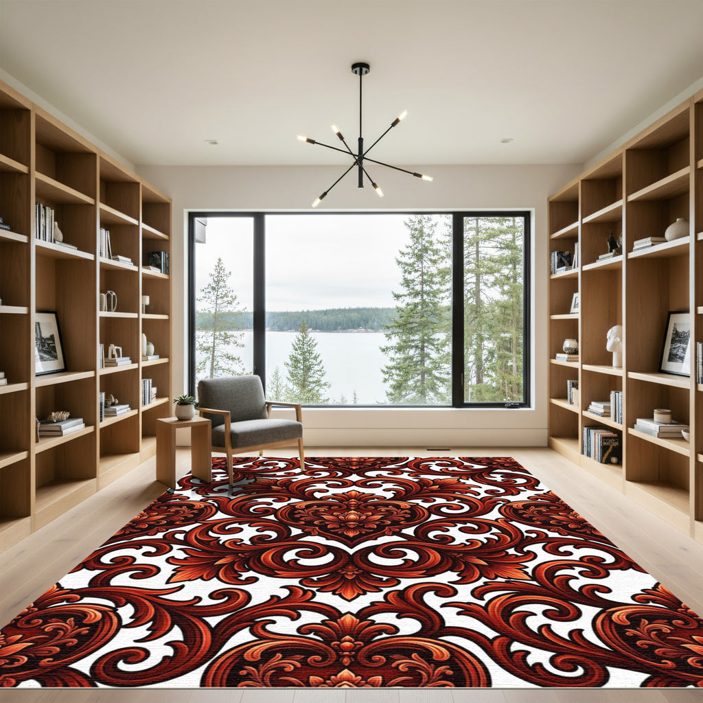 Ornate Crimson Damask Heart Scroll Rug