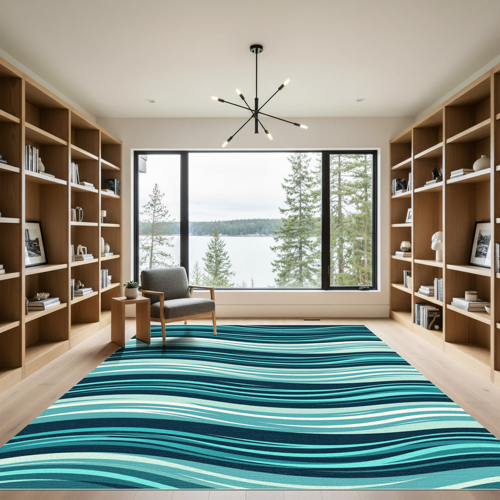 Modern Teal and Navy Flowing Waves Rug