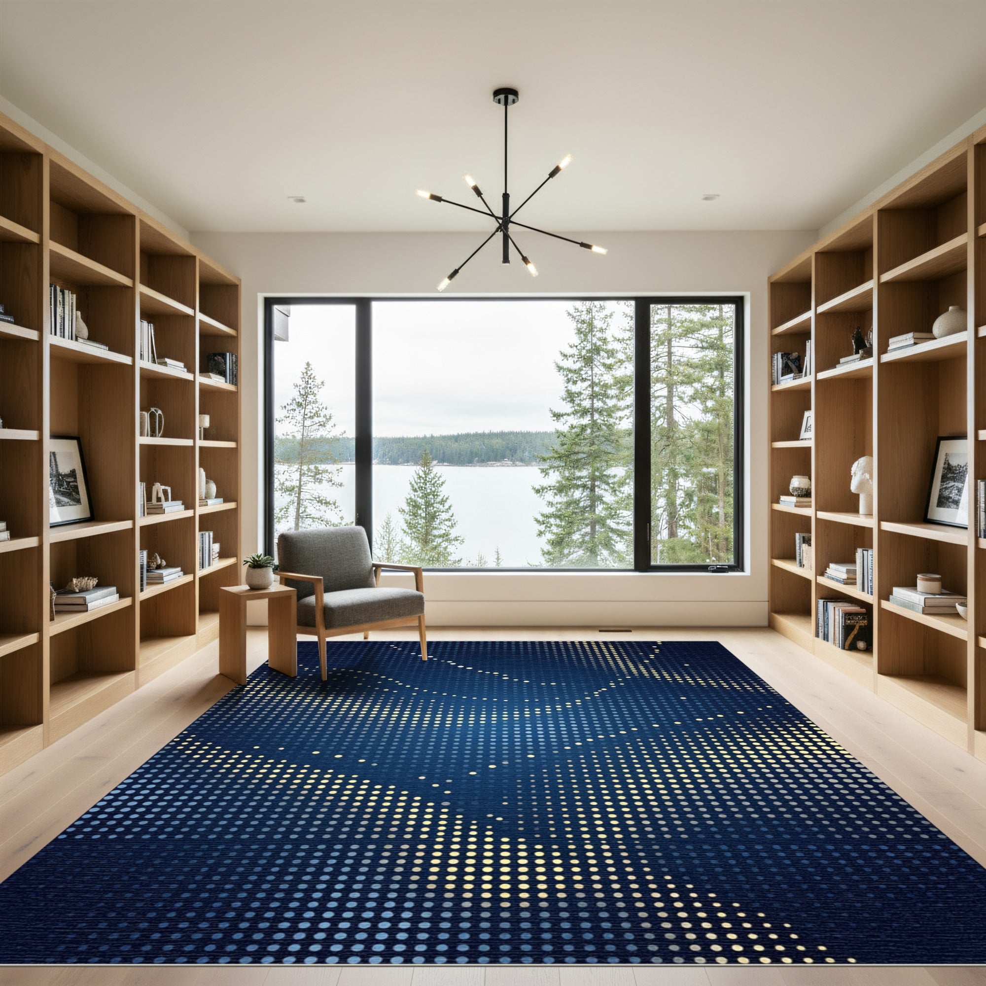 Cosmic Golden Polka Dot Blue Wave Rug
