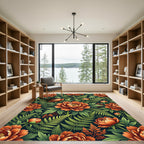 Vibrant Terracotta Peony Fern Botanical Composition Rug