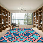 Teal and Salmon Scalloped Geometric Tile Rug