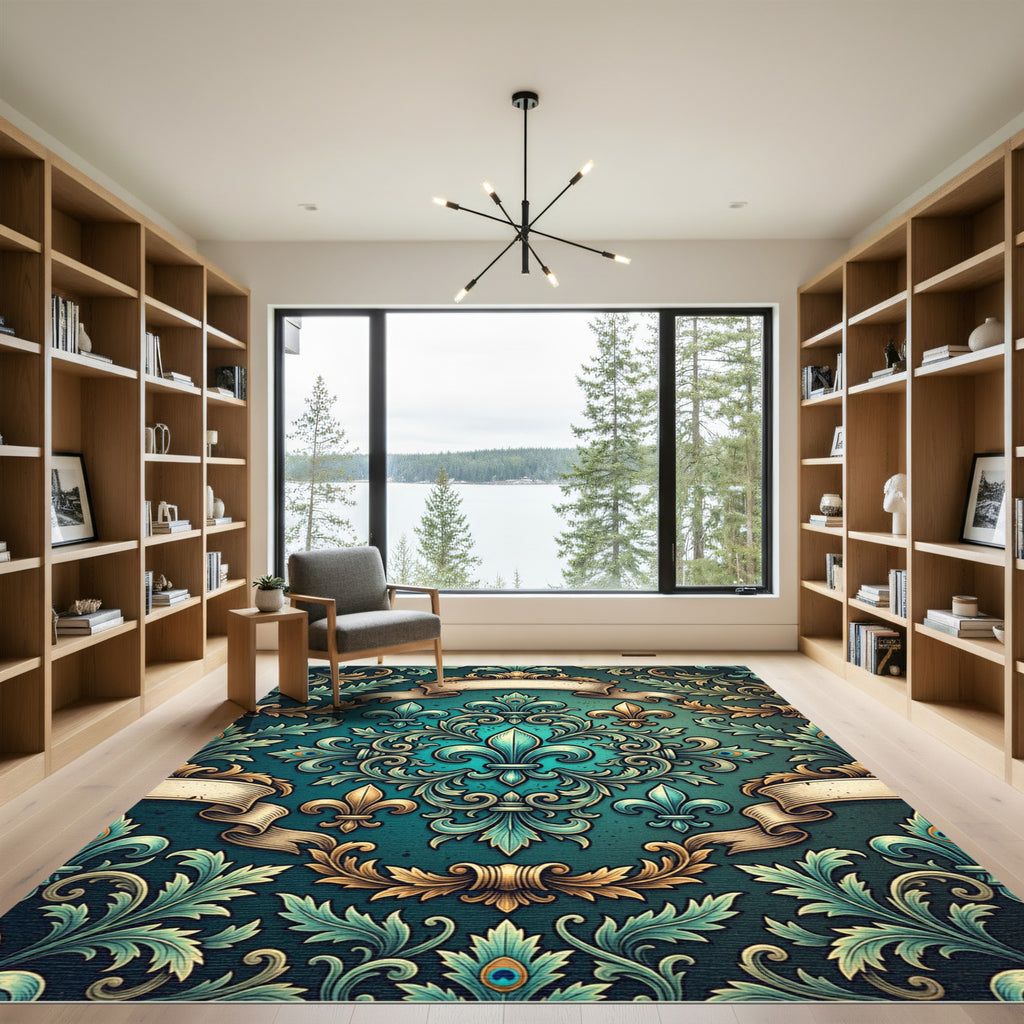 Teal Fleur-de-lis Ornate Scroll Tapestry Rug