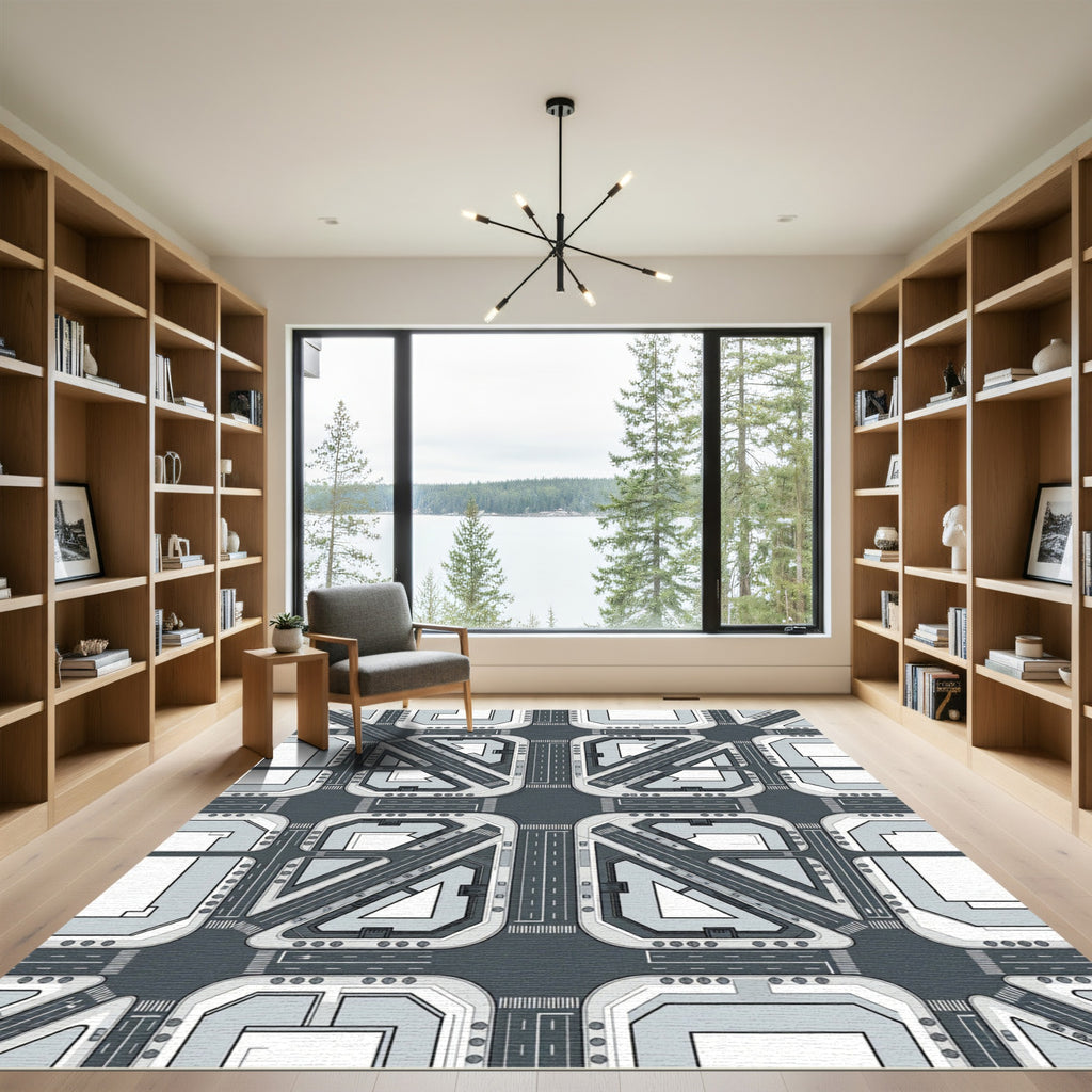 Industrial Gray Geometric Urban Street Grid Rug