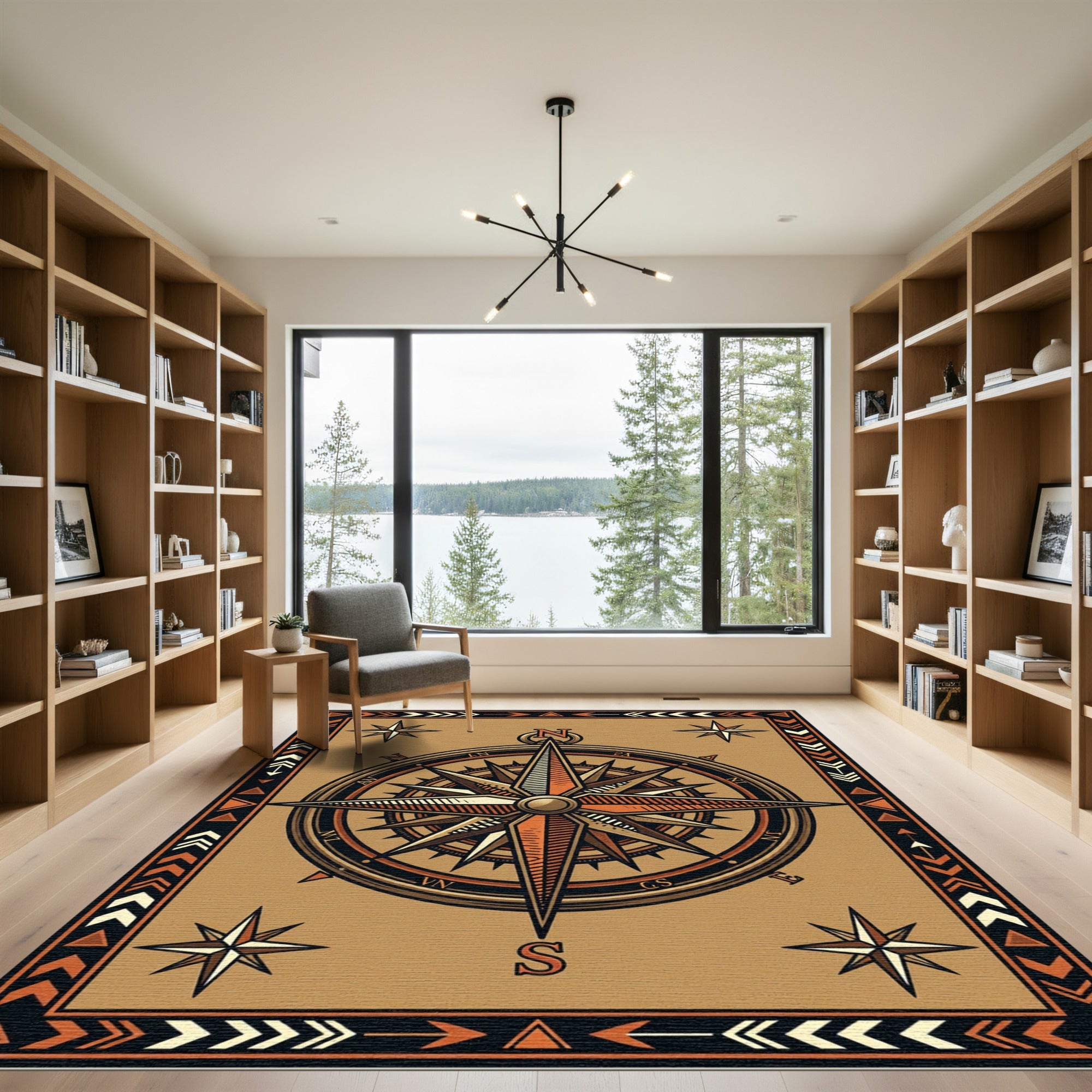 Earthy Bronze Compass Navigation Decor Rug