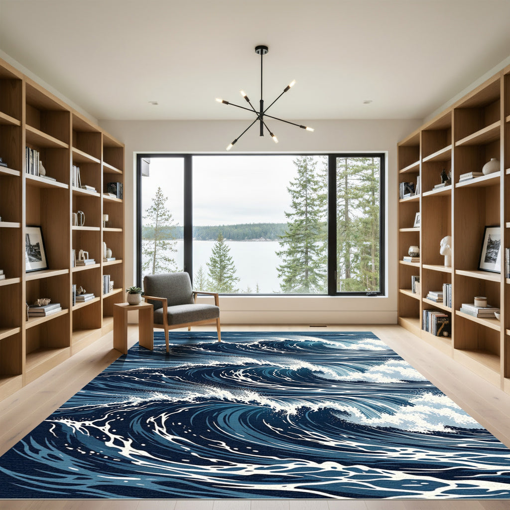Dynamic Navy Blue Abstract Ocean Wave Rug