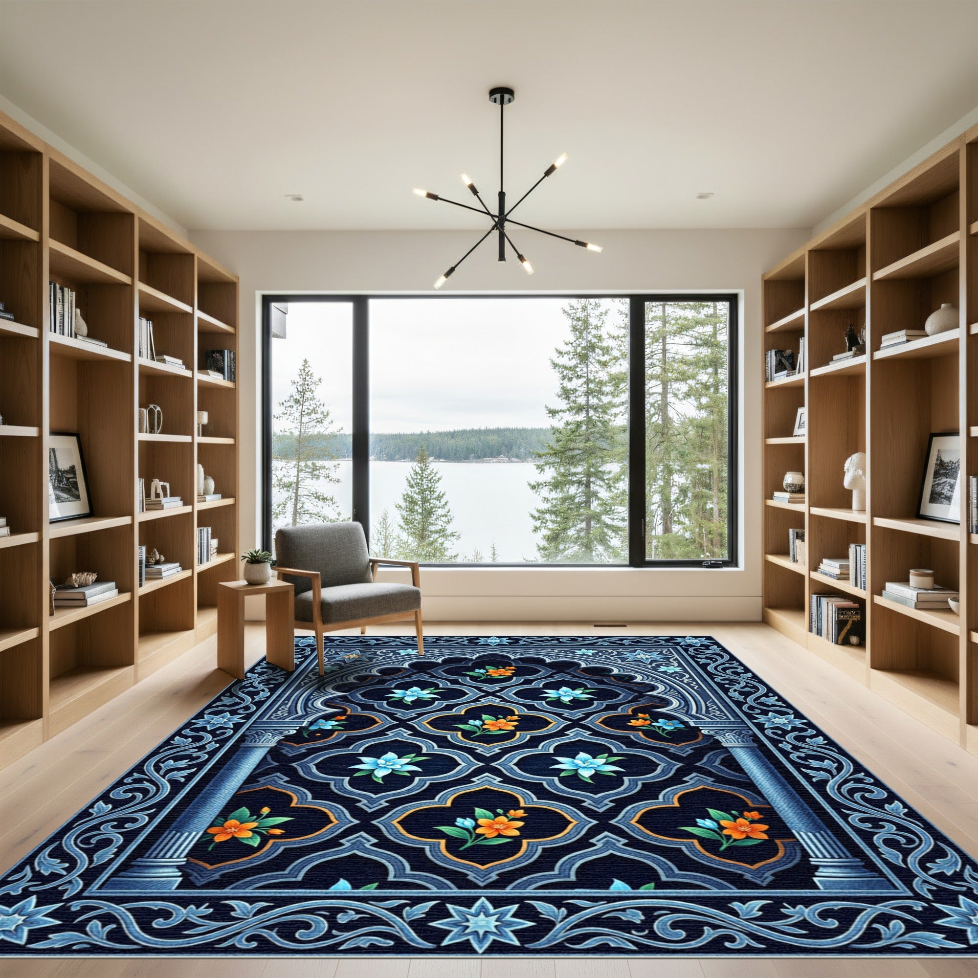 Deep Navy Arabesque Floral Arches Rug
