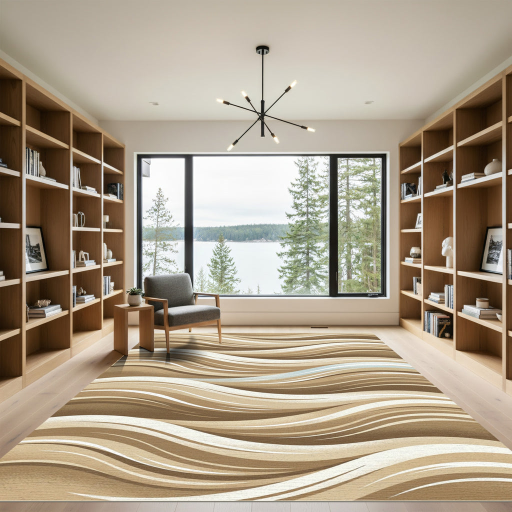 Earthy Beige Abstract Rippled Wave Rug