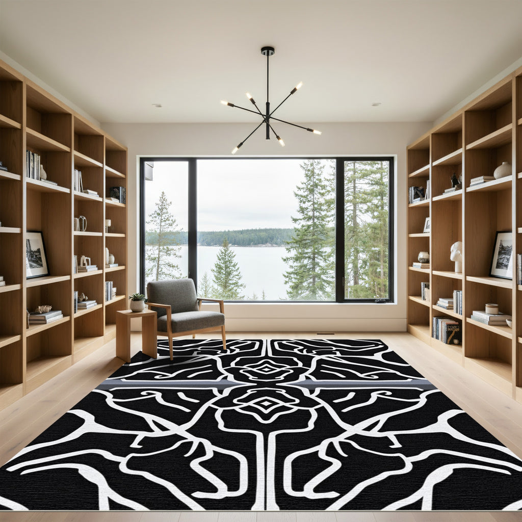 Black White Organic Branch Medallion Rug