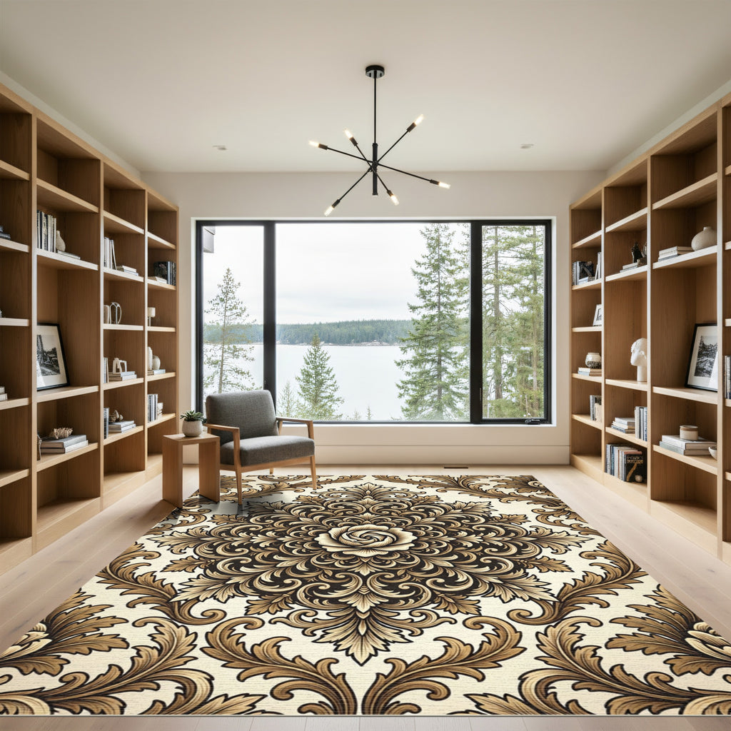 Elegant Gold Rose Scroll Damask Rug
