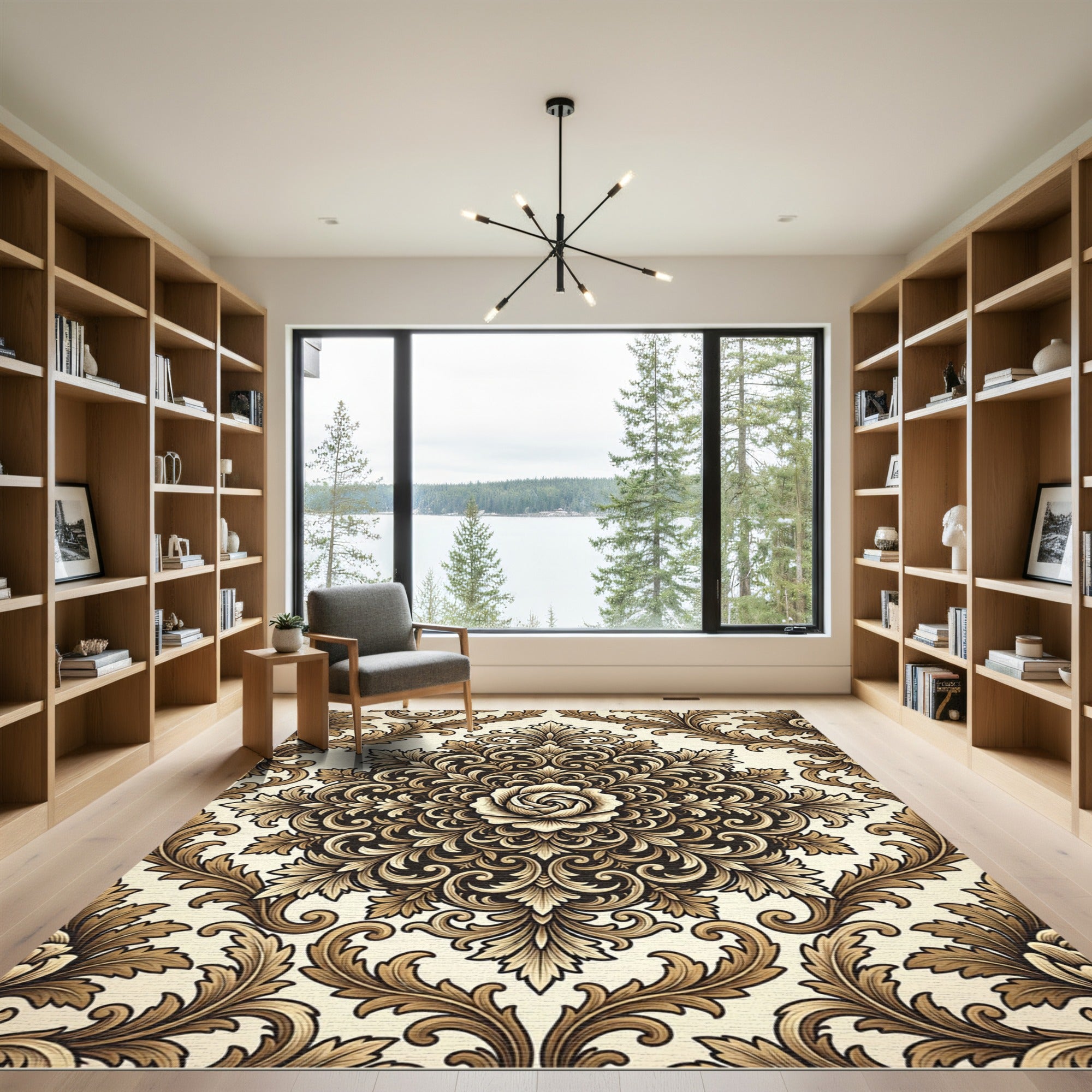 Elegant Gold Rose Scroll Damask Rug