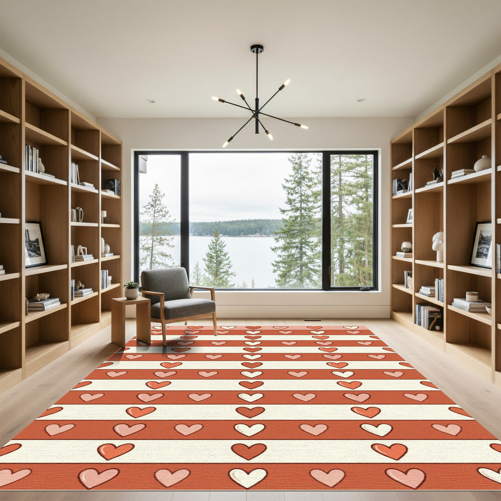 Retro Hearts Stripes Cream Coral Rug