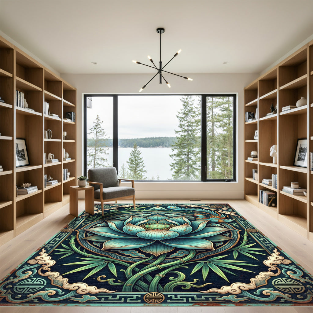 Teal Lotus Phoenix Bamboo Oriental Art Rug