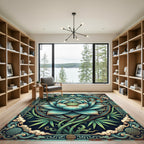 Teal Lotus Phoenix Bamboo Oriental Art Rug
