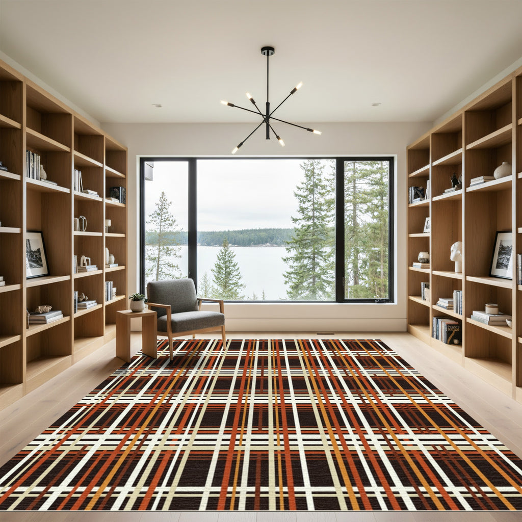 Copper and Cream Autumn Plaid Grid Rug