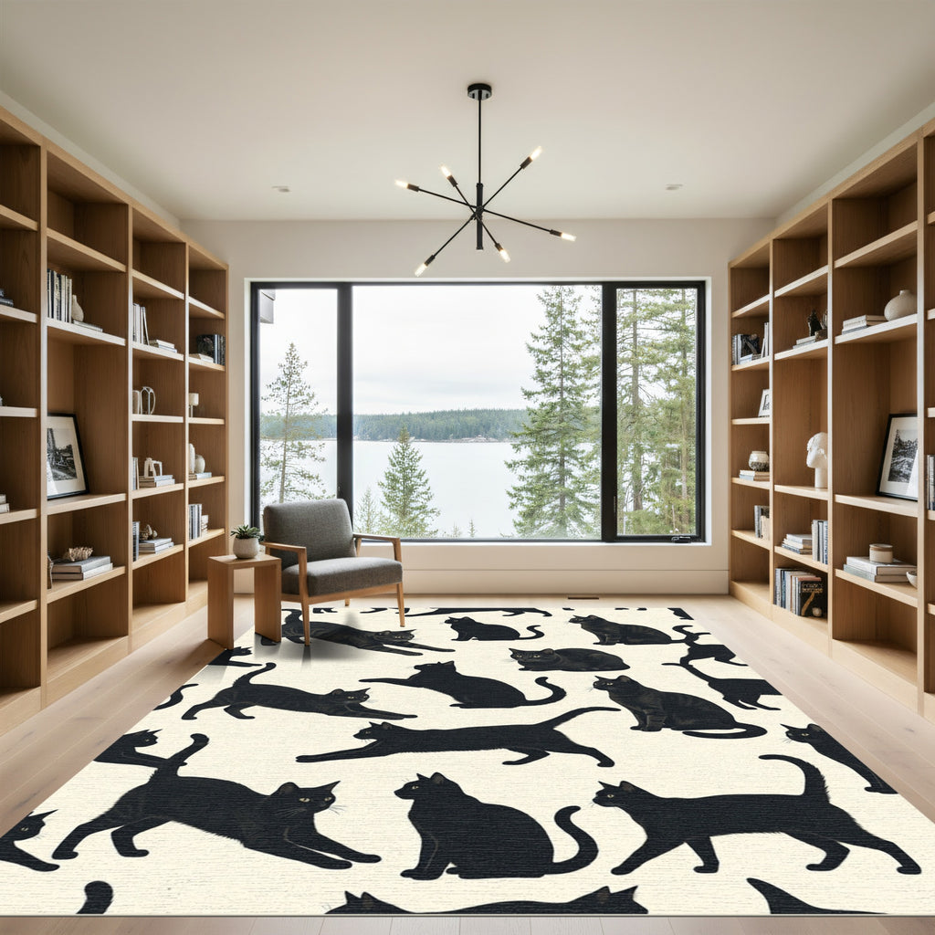Whimsical Dark Feline Silhouette Illustration Rug