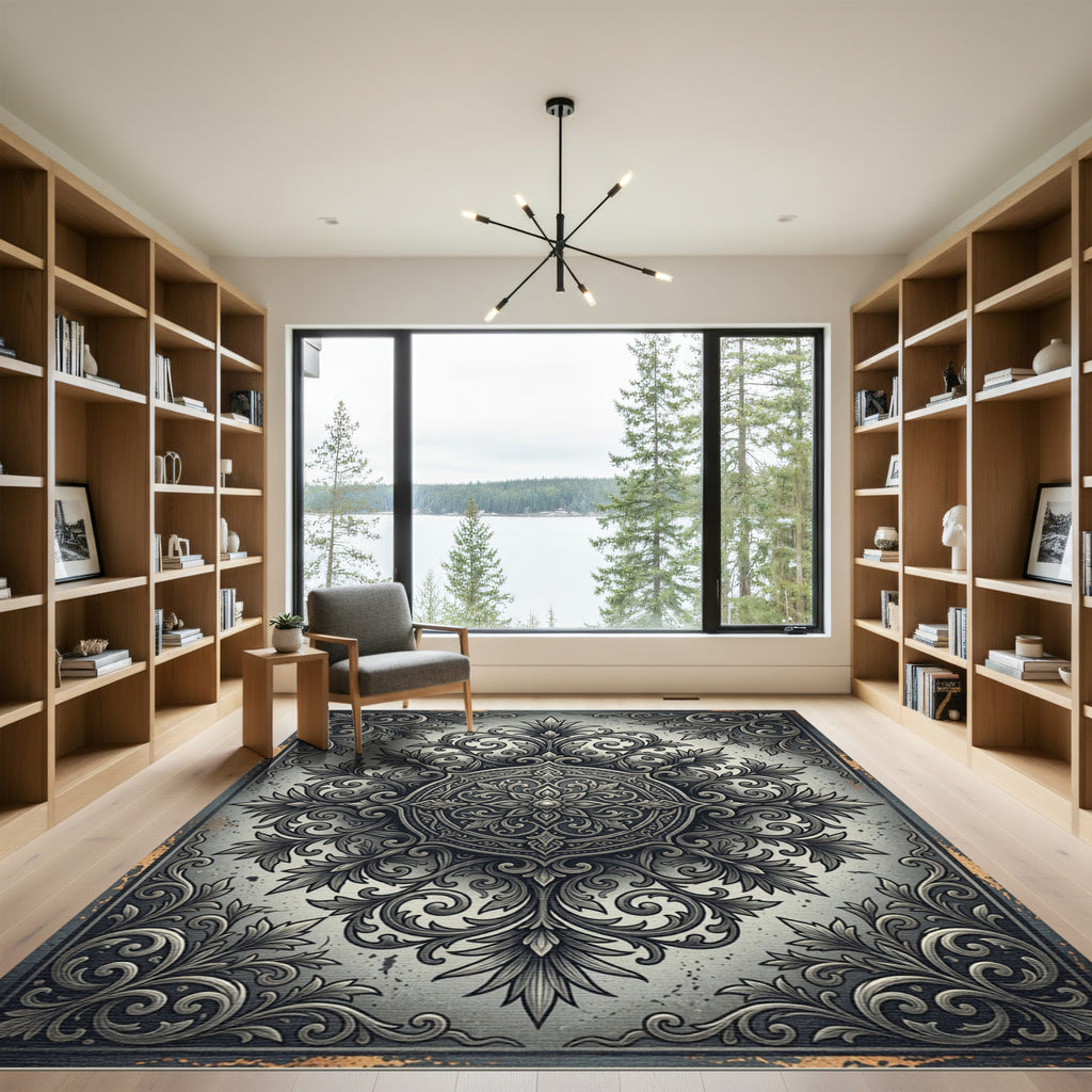 Ornate Charcoal Baroque Floral Medallion Rug