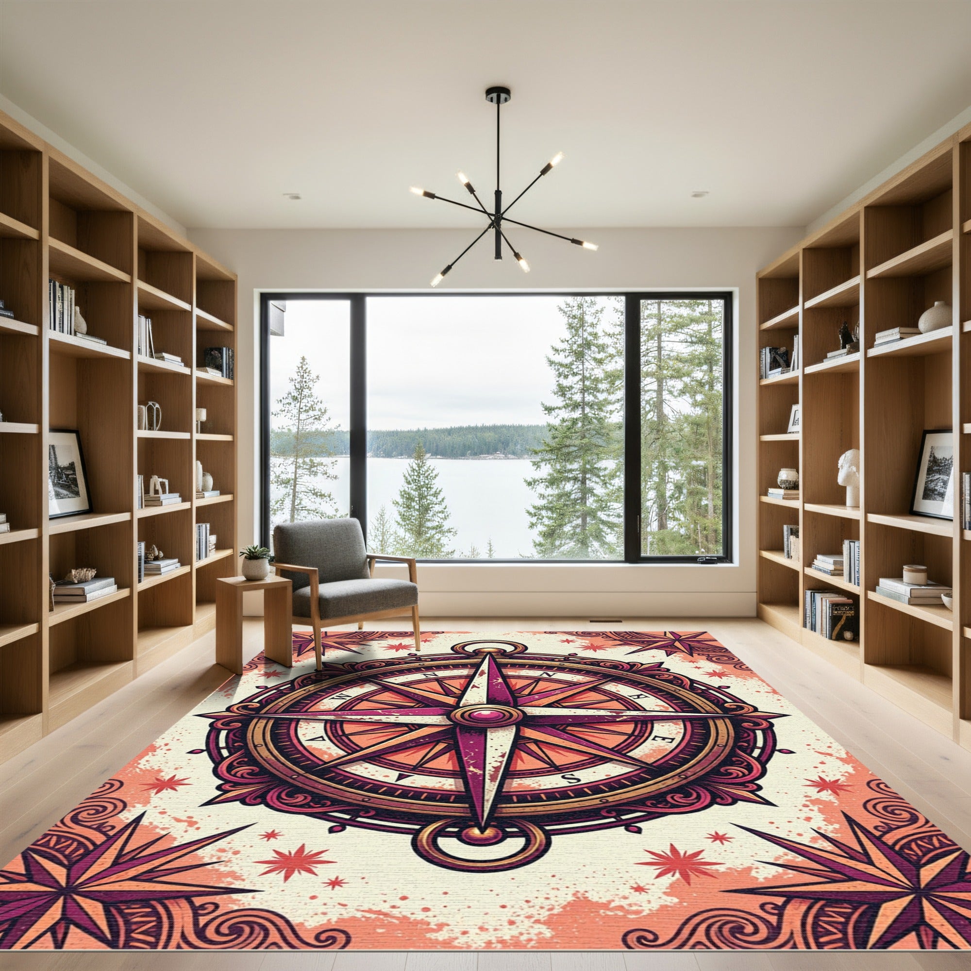 Ornate Maroon Compass Star Nautical Rug