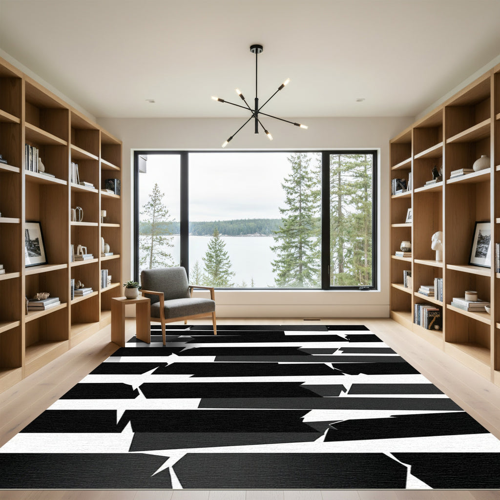 Abstract Black White Jagged Stripes Rug