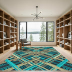 Geometric Teal and Gold Abstract Weave Rug