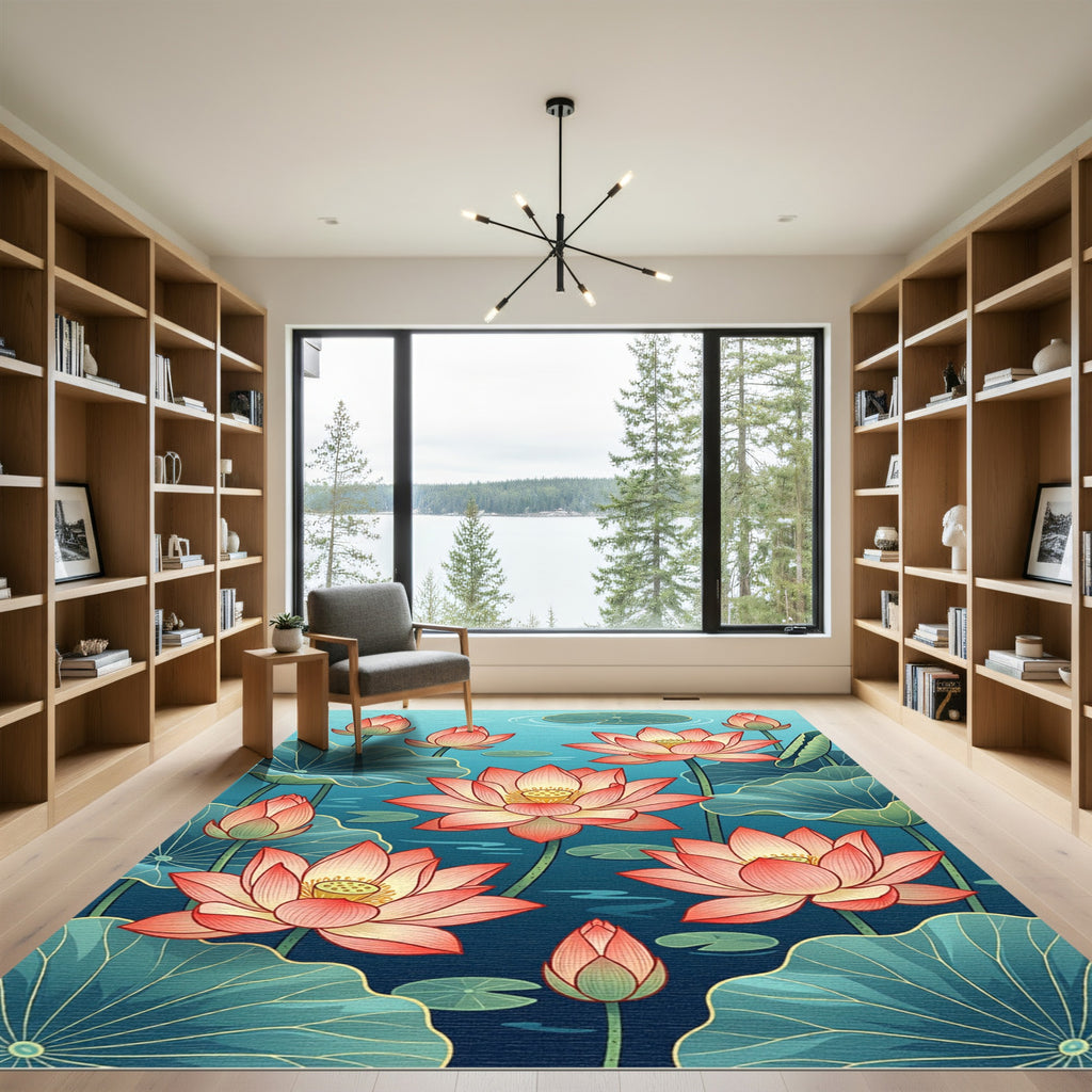 Elegant Pink Lotus Flower Pond Art Rug