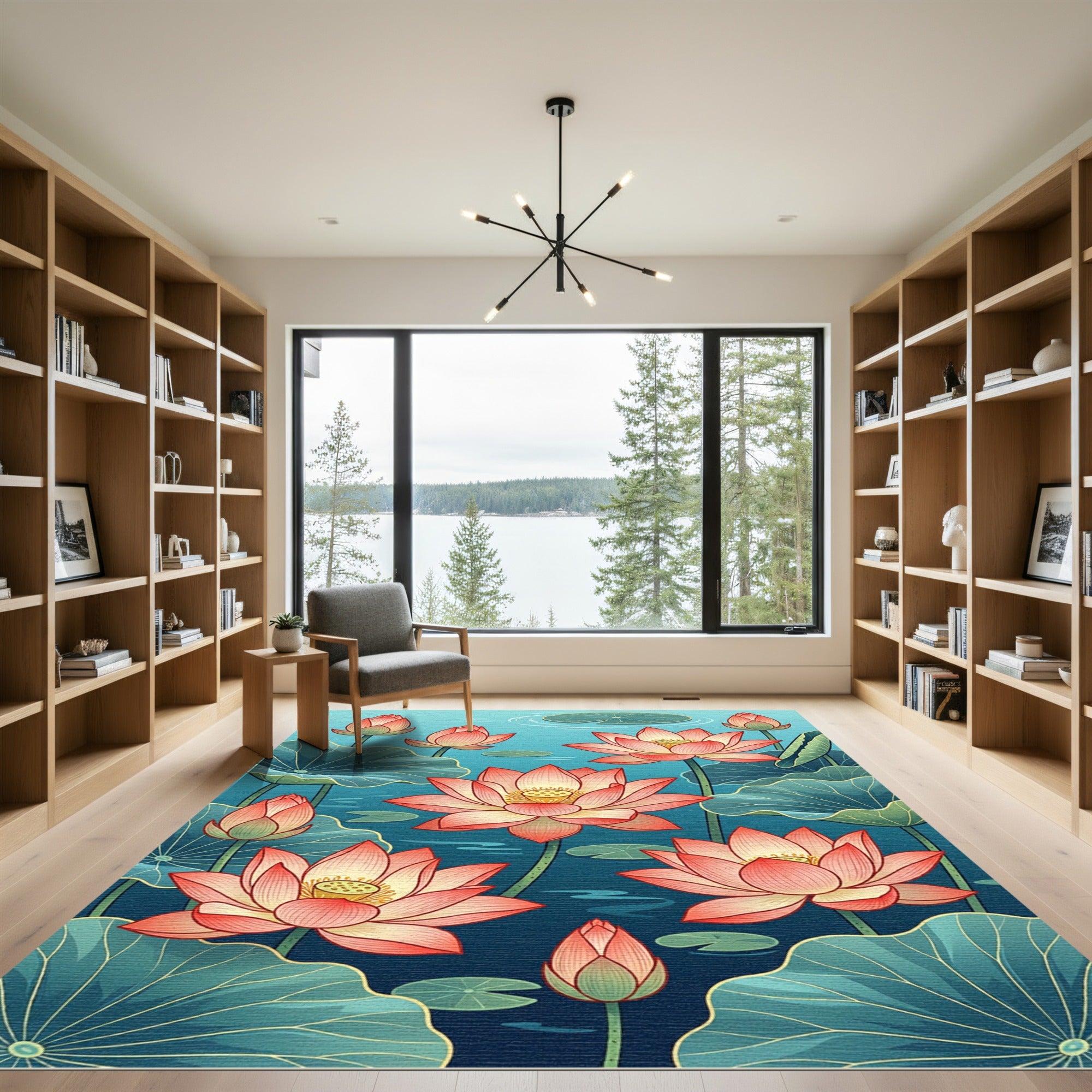 Elegant Pink Lotus Flower Pond Art Rug
