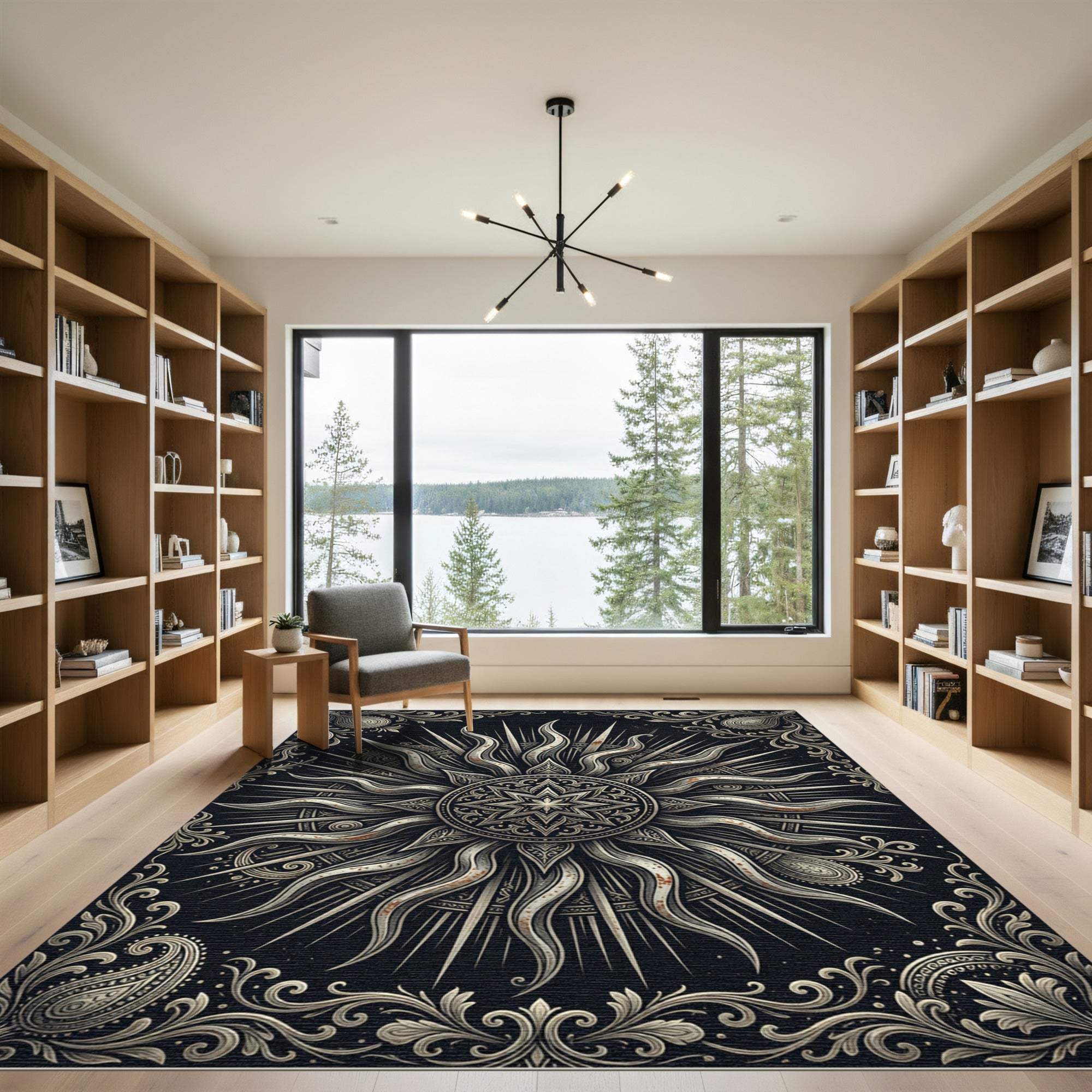Ornate Celestial Sunburst Monochromatic Area Rug