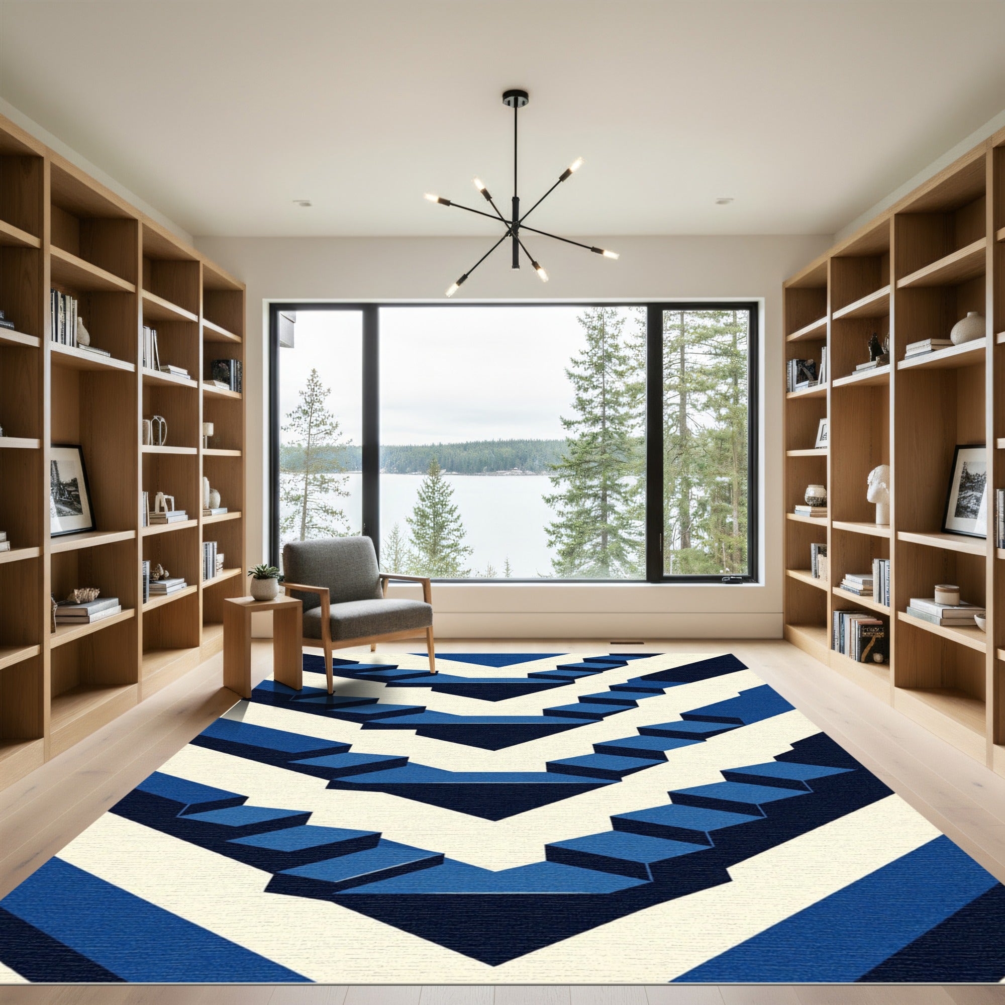 Navy Blue Geometric Illusion Steps Rug