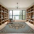 Ornate Golden Floral Gray Medallion Rug