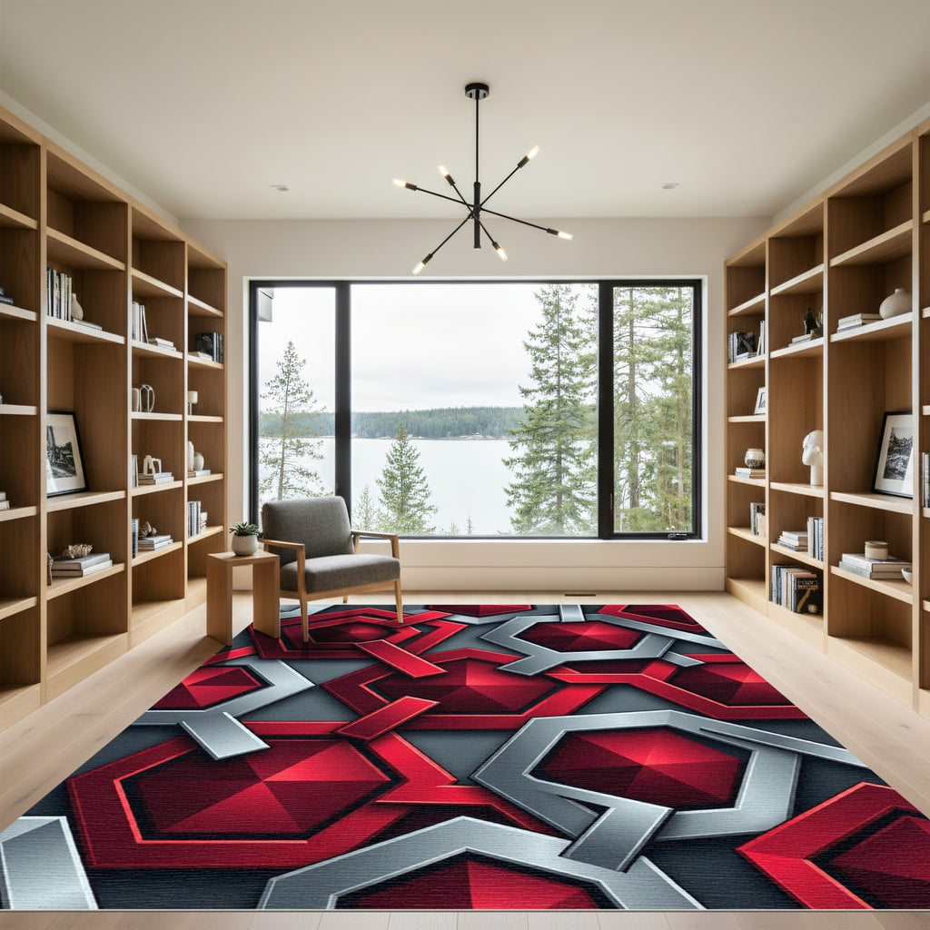 Crimson Silver Geometric Interlocking Jewel Rug
