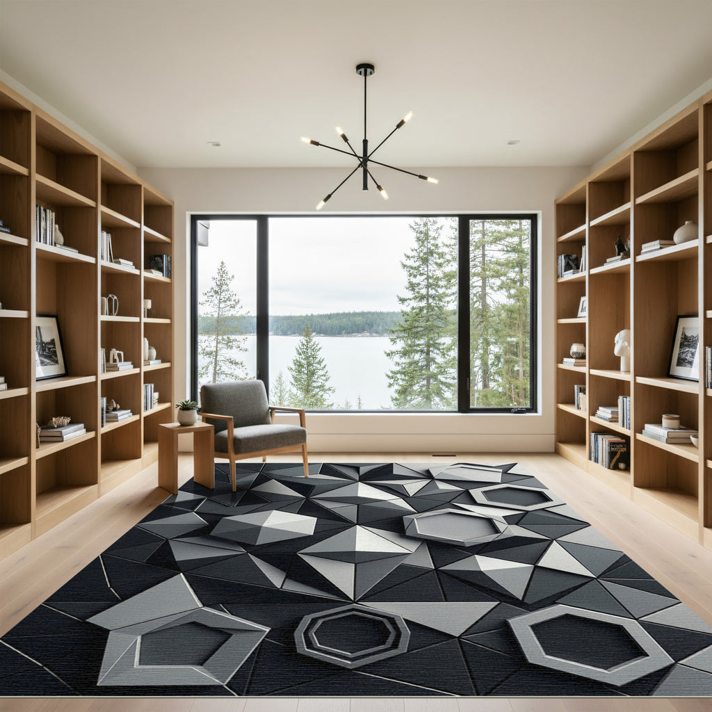 Monochromatic Geometric Hexagon Prism Mosaic Rug