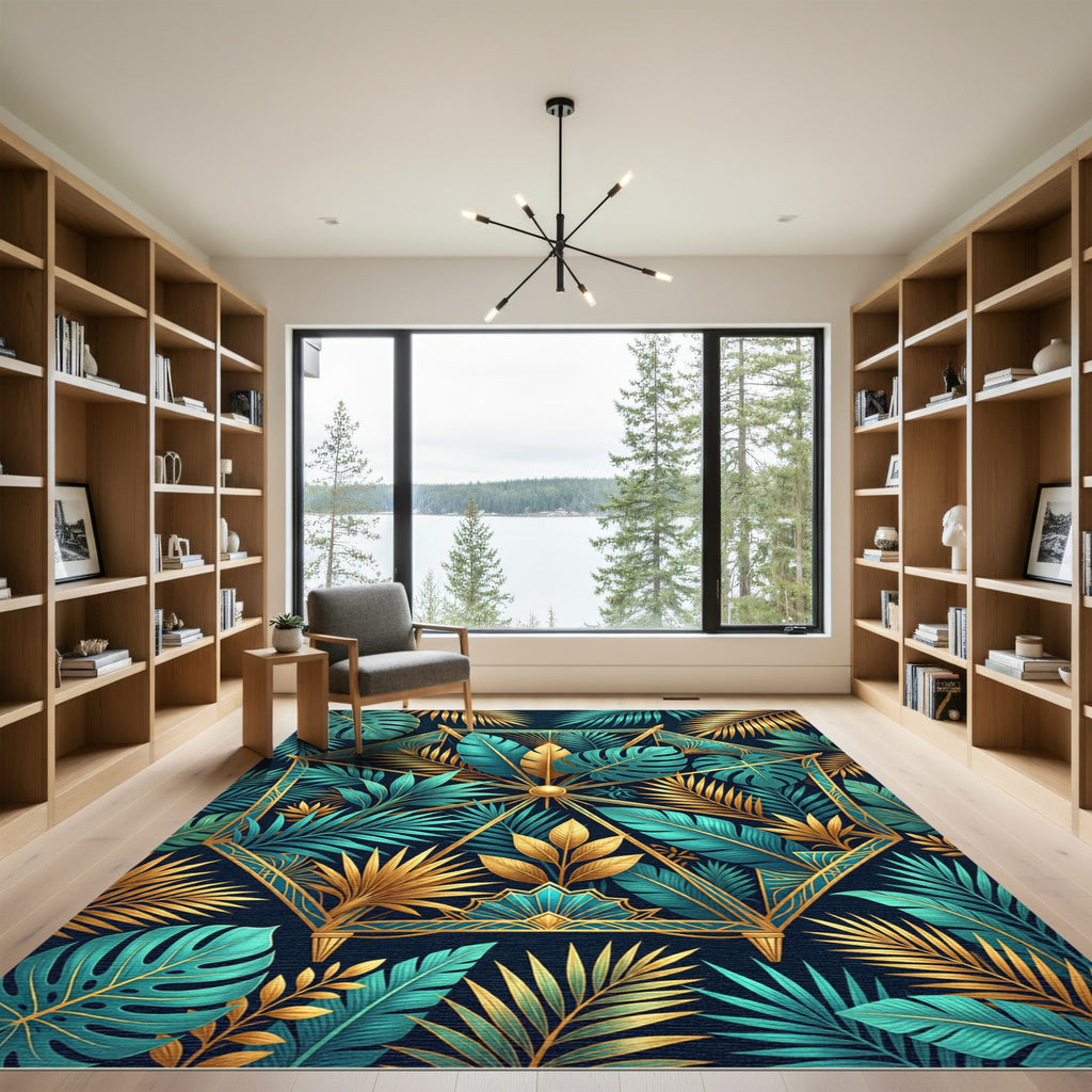 Golden Tropical Teal Geometric Art Deco Rug