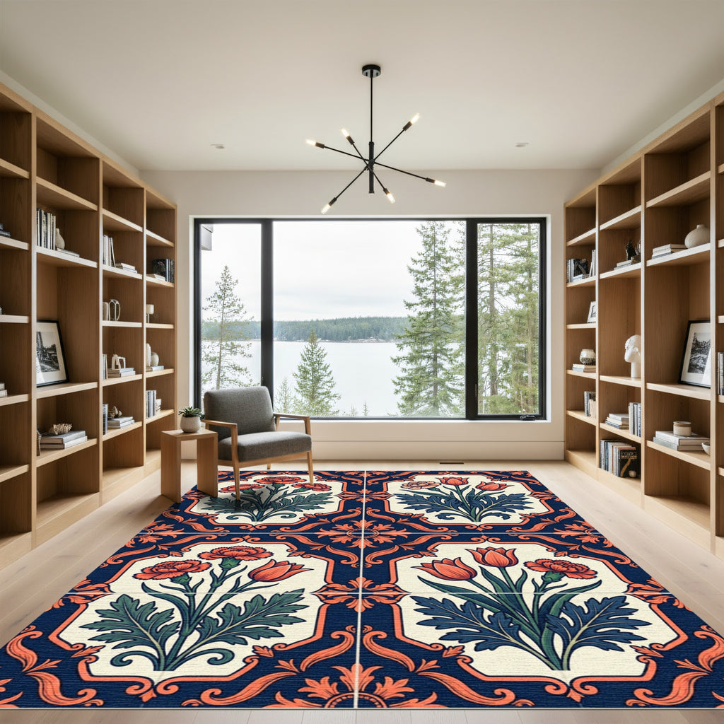 Navy Cream Floral Damask Botanical Square Rug
