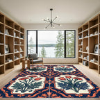 Navy Cream Floral Damask Botanical Square Rug