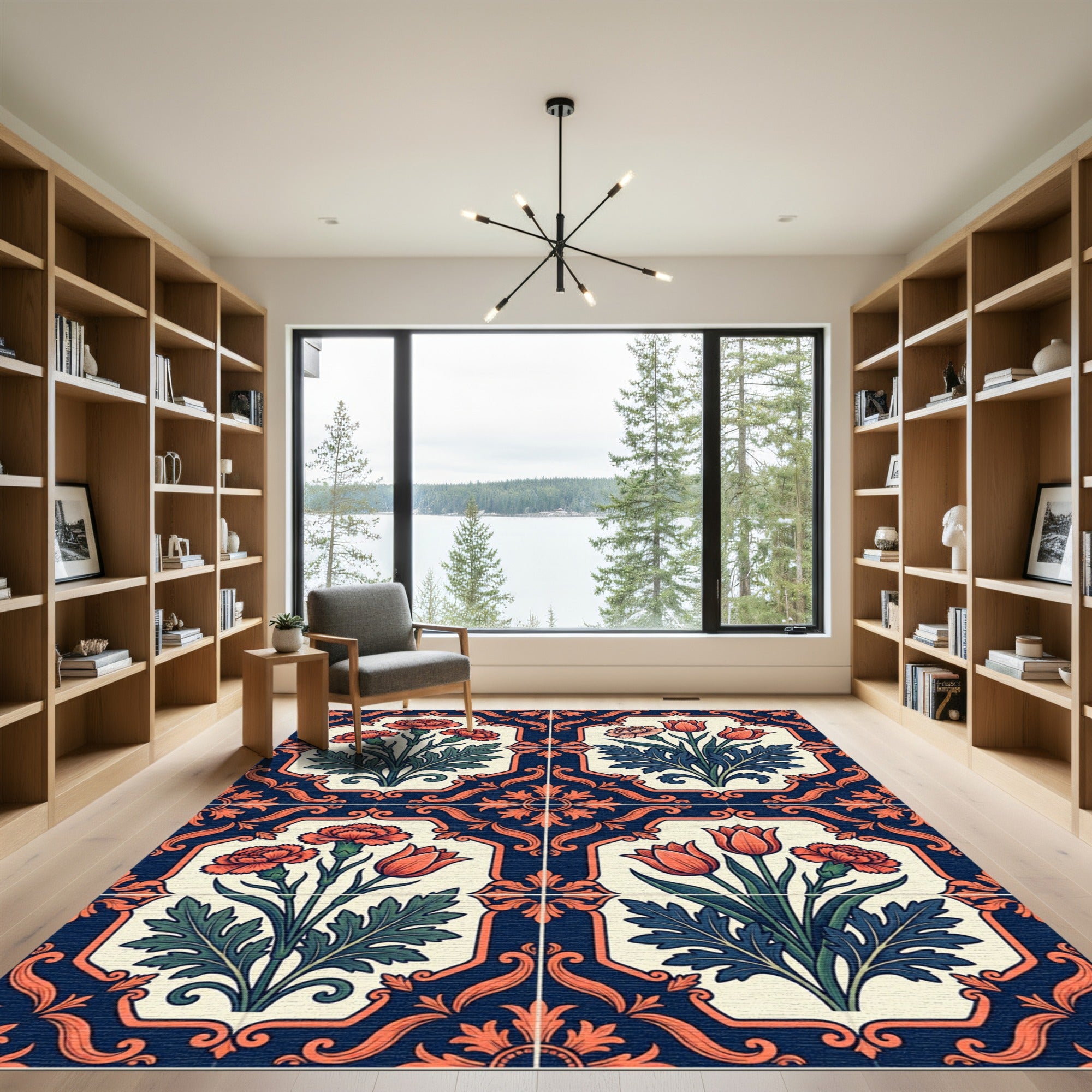 Navy Cream Floral Damask Botanical Square Rug