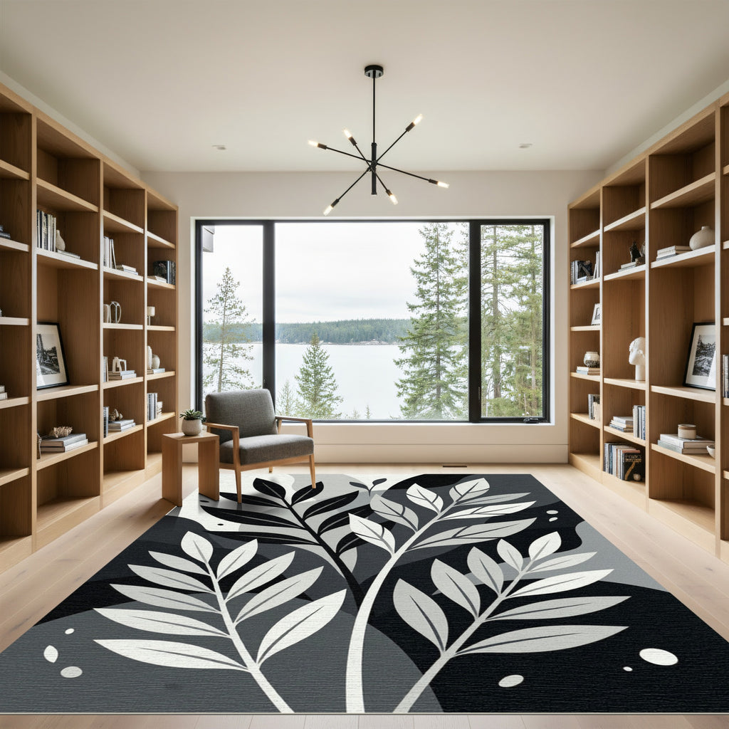 Monochromatic Botanical Abstract Leaf Art Rug