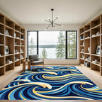 Dynamic Blue Yellow Wave Composition Rug
