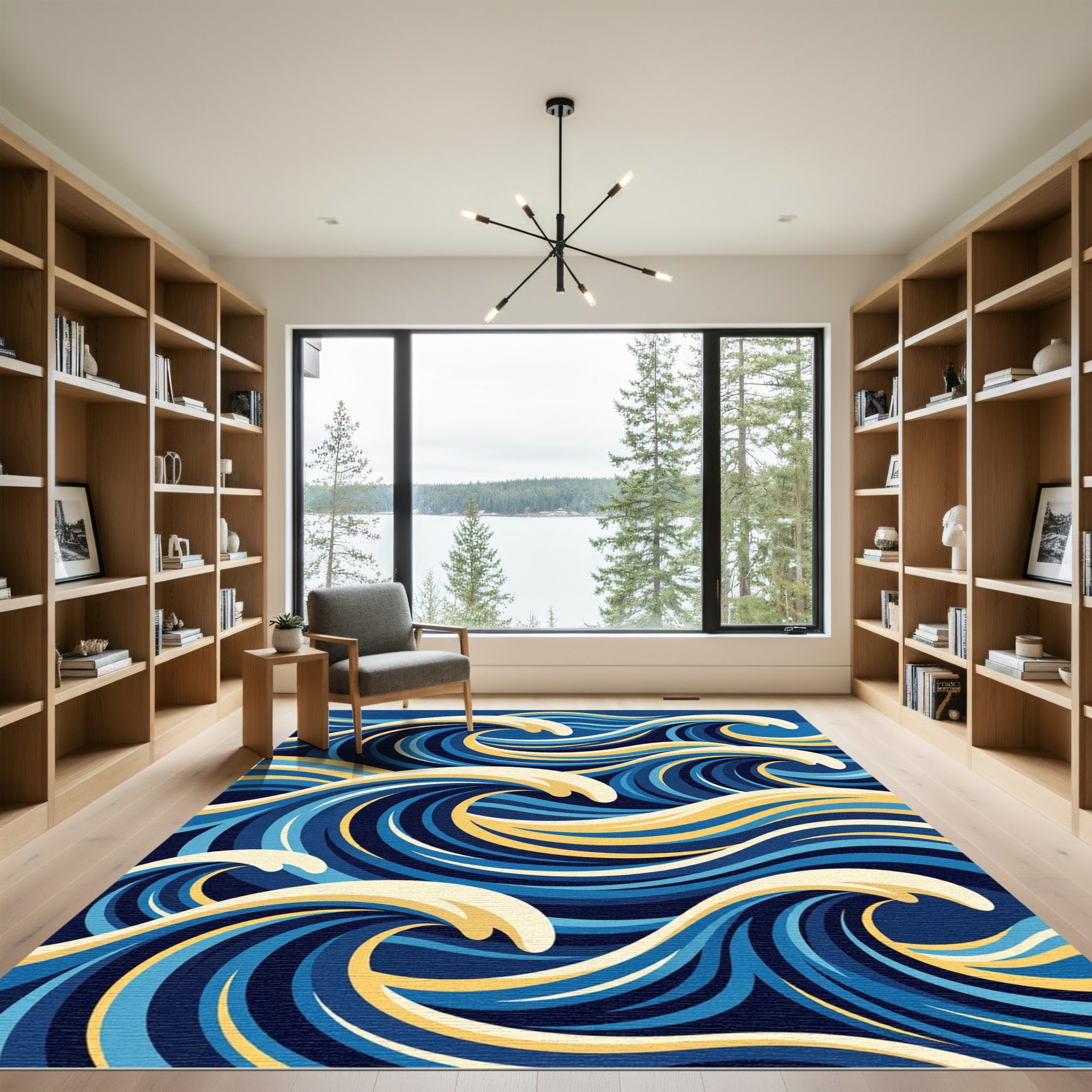 Dynamic Blue Yellow Wave Composition Rug