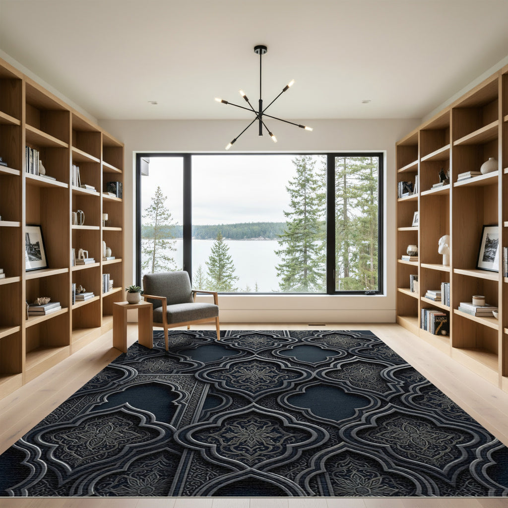 Dark Stone Arabesque Floral Trellis Rug
