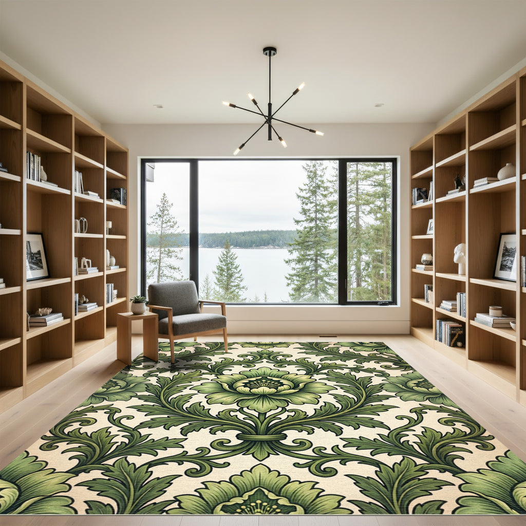 Sage Green Scroll Floral Medallion Rug
